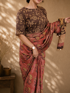 Load image into Gallery viewer, Floral peach natural dye silk sari
