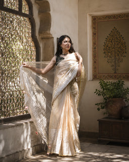 Load image into Gallery viewer, Chanderi Saree - Gold and Red