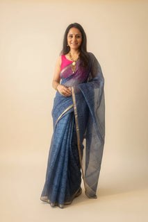 Load image into Gallery viewer, Blue Block-print Kota Saree