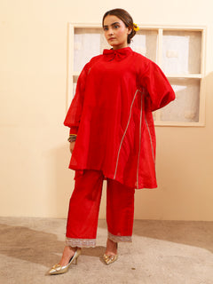 Load image into Gallery viewer, Red Handwoven Chanderi Silk Kurta-set