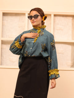 Load image into Gallery viewer, Blue Ruffle Oversized Pure Cotton Shirt