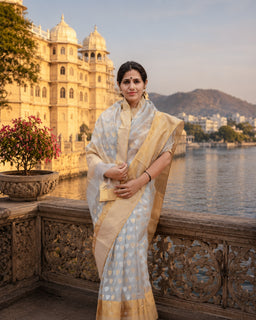 Load image into Gallery viewer, Grey Handloom Chanderi Saree with Gold & Silver Zari Work