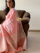 Load image into Gallery viewer, Pure Linen Saree. Peach Linen Saree with Gold and Red Border