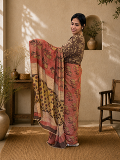 Load image into Gallery viewer, Floral peach natural dye silk sari
