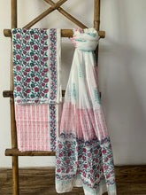 Load image into Gallery viewer, Cotton block printed kurta set with red and pink floral pattern and a block printed lightweight dupatta