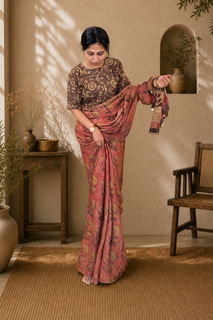 Load image into Gallery viewer, Floral peach natural dye silk sari