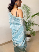 Load image into Gallery viewer, Air blue maheshwari silk saree with block print details on it