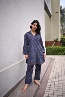 Load image into Gallery viewer, Blue floral ajrakh hand-block cotton kurta set