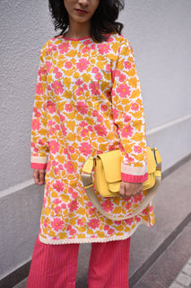Load image into Gallery viewer, Yellow pink floral hand-block cotton kurta set