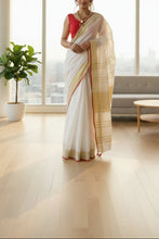 Load image into Gallery viewer, white linen saree with gold border