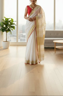 Load image into Gallery viewer, white linen saree with gold border