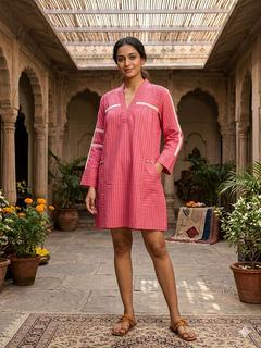 Load image into Gallery viewer, Pink Dhari cotton Short Kurta/Tunic