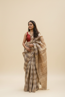 Load image into Gallery viewer, Grey check -Handwoven Tussar Silk Saree