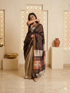 Load image into Gallery viewer, Tussar - Brown & Beige Silk Saree