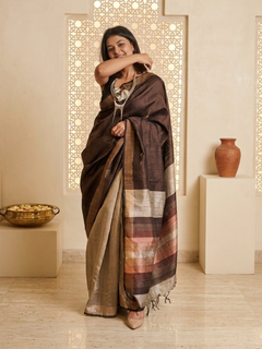Load image into Gallery viewer, Brown Handwoven Tussar Silk Saree