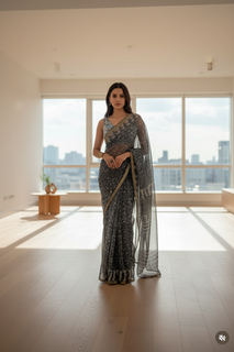 Load image into Gallery viewer, Grey black Kota Doria saree