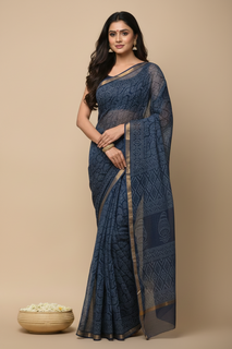 Load image into Gallery viewer, Blue Block-print Kota Saree