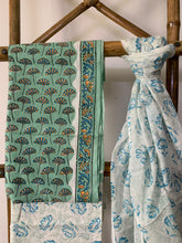 Load image into Gallery viewer, Block printed cotton kurta set. Green kurta set with floral block print detail and dupatta