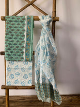 Load image into Gallery viewer, Block printed cotton kurta set. Green kurta set with floral block print detail and dupatta