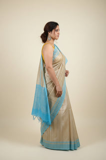 Load image into Gallery viewer, Beige Tussar Silk Saree with blue stripes on pallu and border
