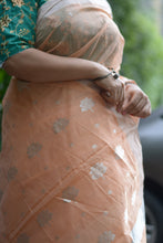Load image into Gallery viewer, Peach Chanderi saree with silver motifs on pallu and border
