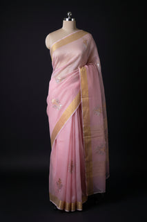 Load image into Gallery viewer, Handloom Chanderi Saree in Pink with leaf motifs