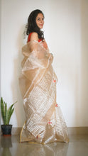 Load image into Gallery viewer, Handloom Chanderi Sari in Gold with Zari stripes and red tassel