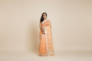 Load image into Gallery viewer, Handloom Chanderi Silk Sari in Peach with Silver Motifs