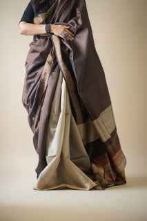 Load image into Gallery viewer, Multicolored Tussar Silk Saree with Brown and Beige as prominent colors. The handloom silk sari comes with a blouse piece
