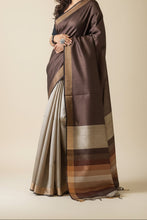Load image into Gallery viewer, Multicolored Tussar Silk Saree with Brown and Beige as prominent colors. The handloom silk sari comes with a blouse piece