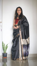 Load image into Gallery viewer, Handloom Sari in Black & Beige with a blouse piece and colorful stripes on pallu