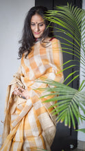 Load image into Gallery viewer, Yellow handloom silk sari with all over check pattern except on the pallu