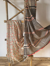 Load image into Gallery viewer, Black floral hand block print Tussar Silk Saree