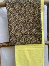 Load image into Gallery viewer, Beige ajrak kurta with yellow cotton bottom