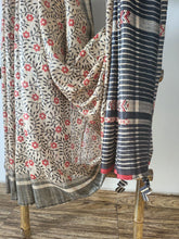 Load image into Gallery viewer, Black floral hand block print Tussar Silk Saree