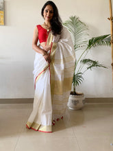 Load image into Gallery viewer, white linen saree with gold border
