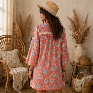 Load image into Gallery viewer, Orange Floral Hand-Block Cotton Tunic / Short Kurta
