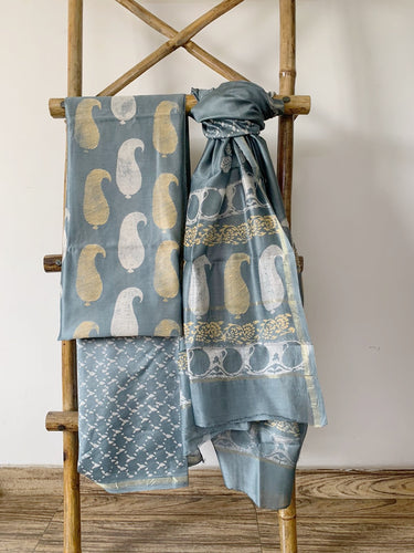 Block printed silk kurta set with matching bottom and dupatta