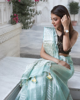 Load image into Gallery viewer, Aqua Saree - Chanderi Tissue Silk
