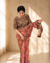 Load image into Gallery viewer, Floral peach natural dye silk sari
