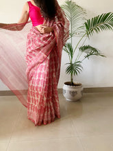 Load image into Gallery viewer, Peach Kota doria Saree with hand block print details
