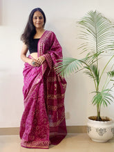 Load image into Gallery viewer, Hand block printed Maheshwari silk saree is lightweight and comes with a blouse piece. 
