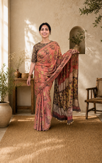 Load image into Gallery viewer, Floral peach natural dye silk sari
