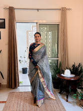 Load image into Gallery viewer, Handloom Chanderi Silk saree in Black and white stripes
