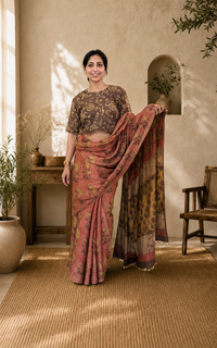 Load image into Gallery viewer, Floral peach natural dye silk sari
