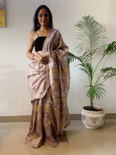 Load image into Gallery viewer, Light brown silk saree. Hand-block printed Maheshwari Silk Saree
