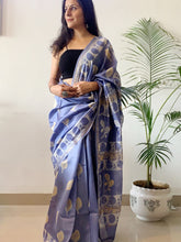 Load image into Gallery viewer, Blue maheshwari silk saree with block print all over it. 
