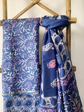 Load image into Gallery viewer, Block printed blue Kurta Set in maheshwari silk comes with a matching bottom and dupatta
