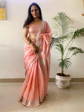 Load image into Gallery viewer, Pure Linen Saree. Peach Linen Saree with Gold and Red Border
