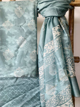 Load image into Gallery viewer, Unique air blue kurta set in handwoven maheshwari silk coes with a matching bottom and dupatta. The kurta set has block print details on it. 
